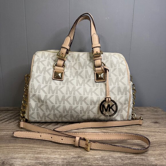 Michael Kors Grayson Logo Small White/Acorn Tan Duffel Crossbody Bag - Picture 1 of 10
